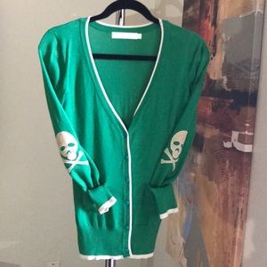 Skull elbow patches button up green sweater